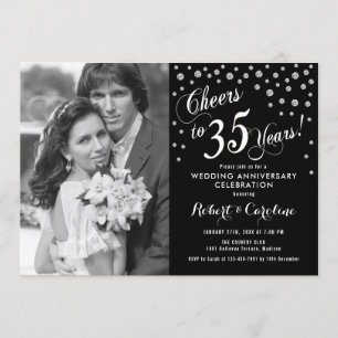 Invitación 35 Aniversario con Foto - Blanco Plateado Negro