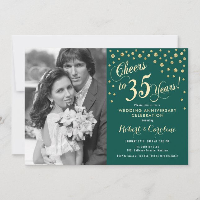 Invitación 35° aniversario con foto - Verde Esmeralda de oro (Anverso)
