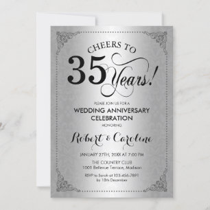 Invitación 35 Aniversario de Boda - Damask Negro Plateado