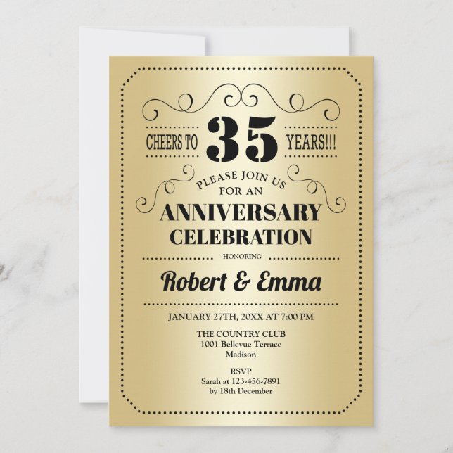 Invitación 35 Aniversario de Boda Fiesta - Dorado Negro (Anverso)