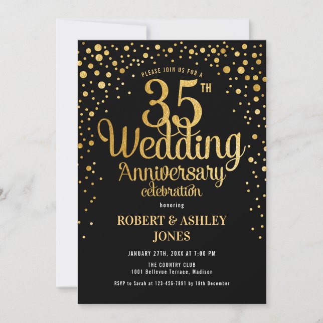 Invitación 35° Aniversario del Boda - Negro y Oro (Anverso)