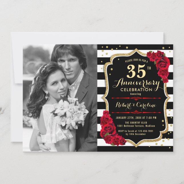 Invitación 35 años con foto - Rojo negro dorado (Anverso)