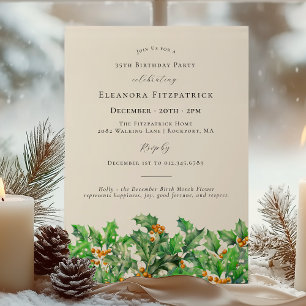 Invitación 35 cumpleaños Diciembre Nacimiento Mes Flor Holly