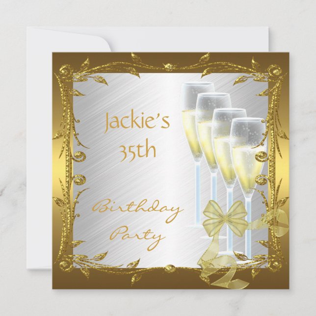 Invitación 35 cumpleaños elegante blanco oro (Anverso)