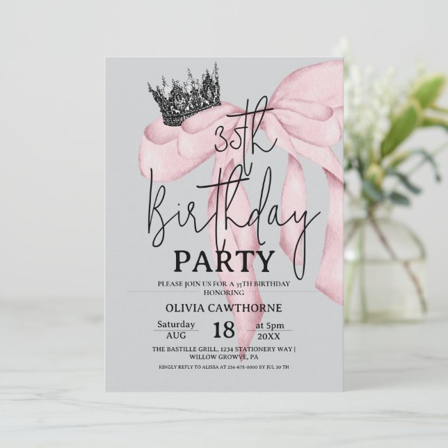 Invitación 35th Birthday ⎮ Modern Royal Bow Birthday  (Anverso de pie)
