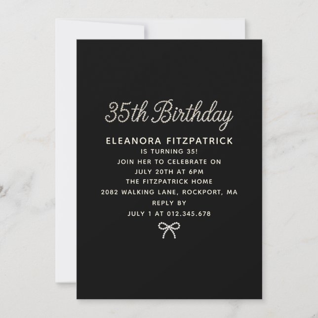 Invitación 35th Birthday Party Black White Pearl Script Bow (Anverso)