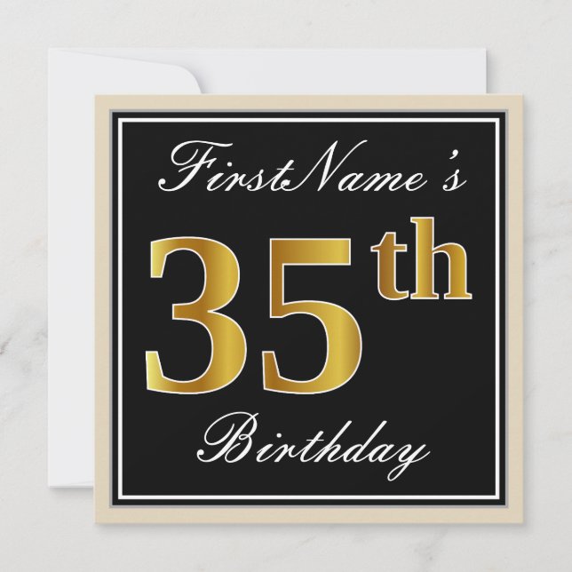 Invitación 35to cumpleaños del oro elegante, negro, falso + (Anverso)
