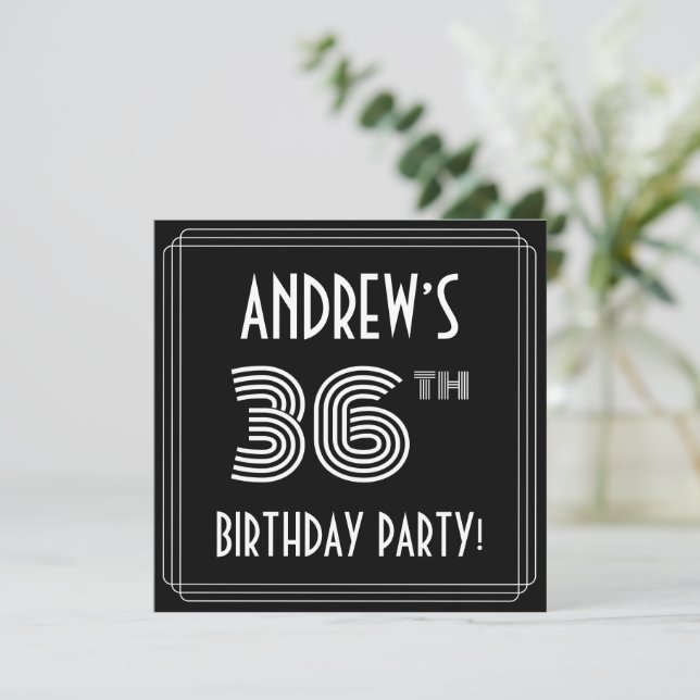 Invitación 36ª fiesta de cumpleaños: estilo Art Deco con nomb (Anverso de pie)
