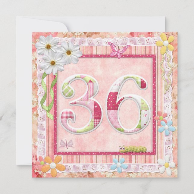 Invitación 36.ª fiesta de cumpleaños estilo scrapbooking (Anverso)