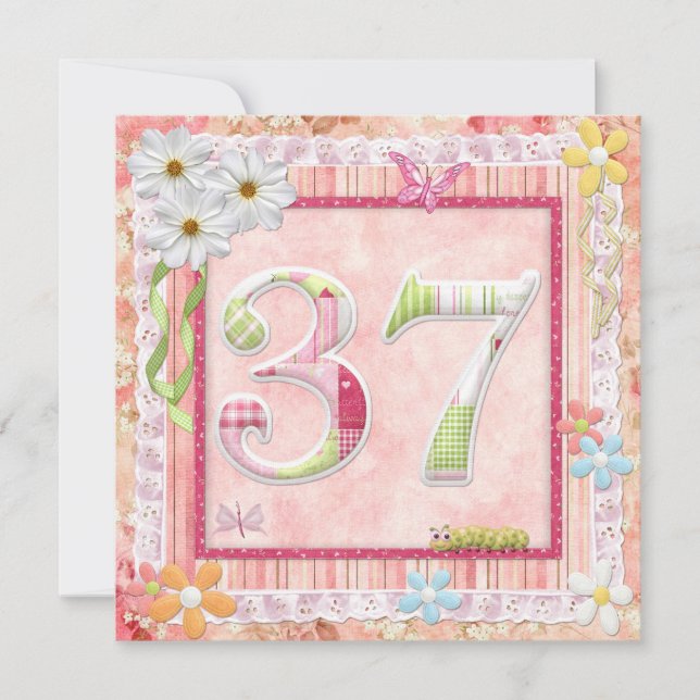 Invitación 37.ª fiesta de cumpleaños estilo scrapbooking (Anverso)