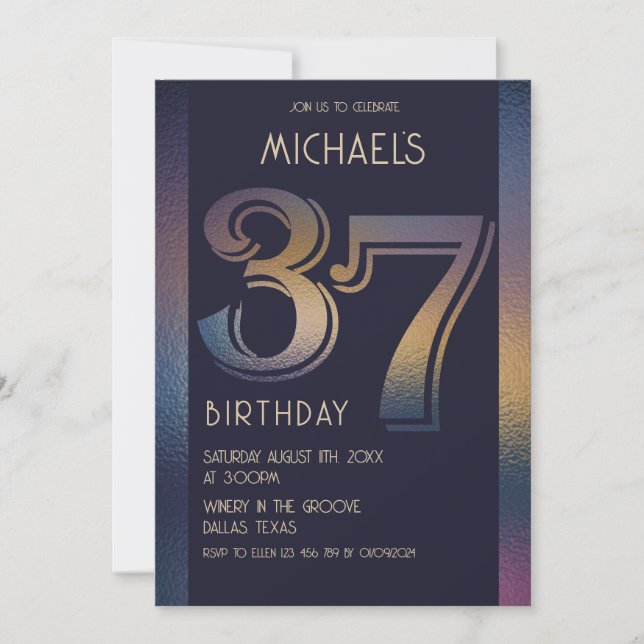 Invitación 37.º púrpura oscuro moderno y cumpleaños dorado (Anverso)