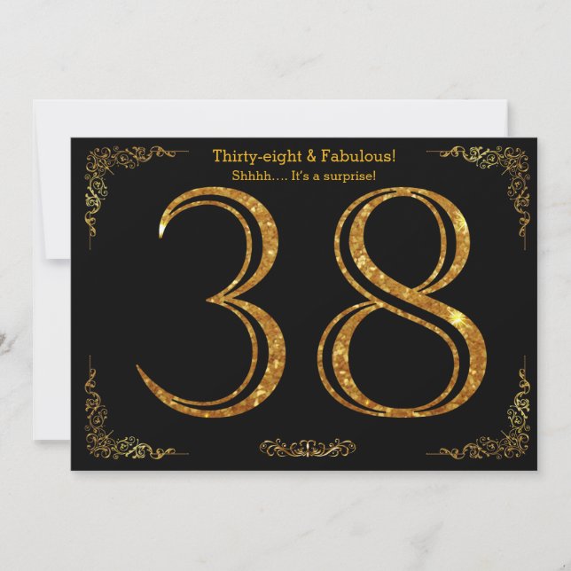Invitación 38 cumpleaños, Gatsby styl, purpurina de oro negro (Anverso)