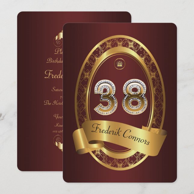 Invitación 38, hombre de fiesta de cumpleaños, color elegante (Anverso / Reverso)