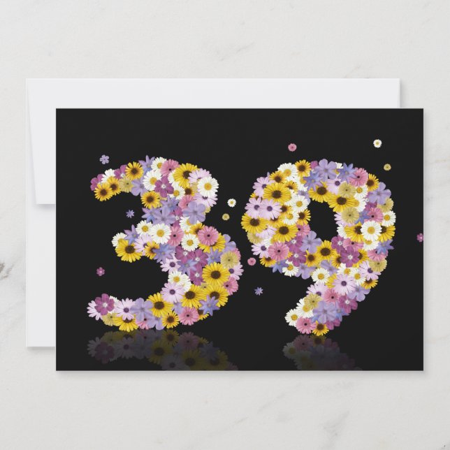 Invitación 39.ª fiesta de cumpleaños, con letras con flores (Anverso)