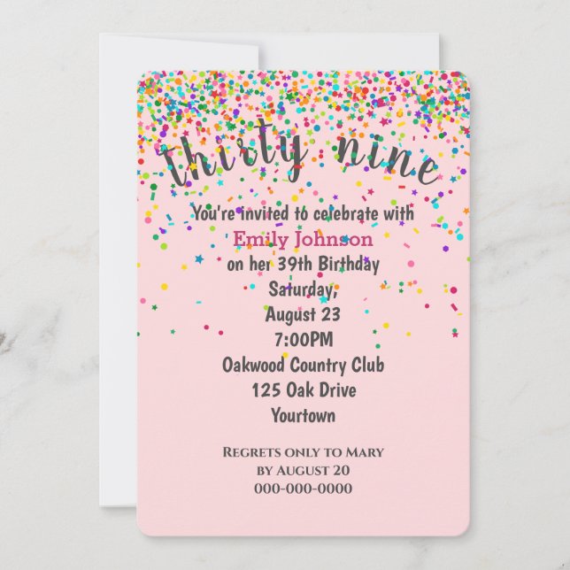 Invitación 39.º Confetti De Cumpleaños En Rosa (Anverso)