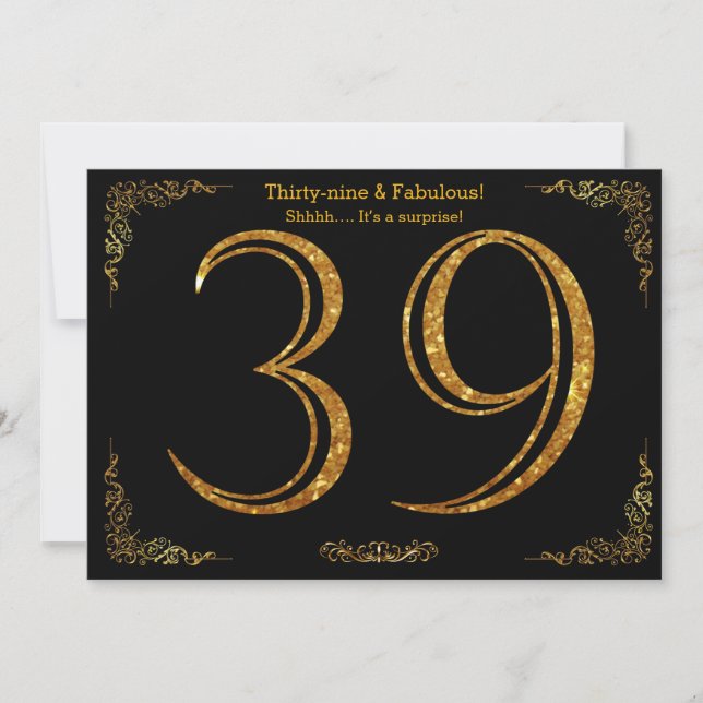 Invitación 39 cumpleaños, Gatsby styl, purpurina de oro negro (Anverso)