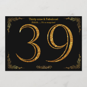 Invitación 39 cumpleaños, Gatsby styl, purpurina de oro negro