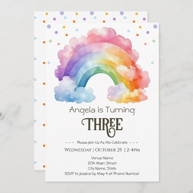 Invitación 3.ª acuarela de cumpleaños niños arcoiris (Anverso / Reverso)