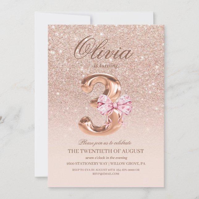 Invitación 3.ª fiesta de cumpleaños de Rosa de oro rosado (Anverso)