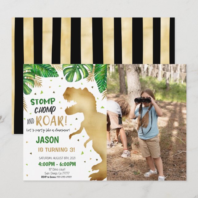 Invitación 3.ª foto de un Fiesta de los dinosaurios de cumple (Anverso / Reverso)