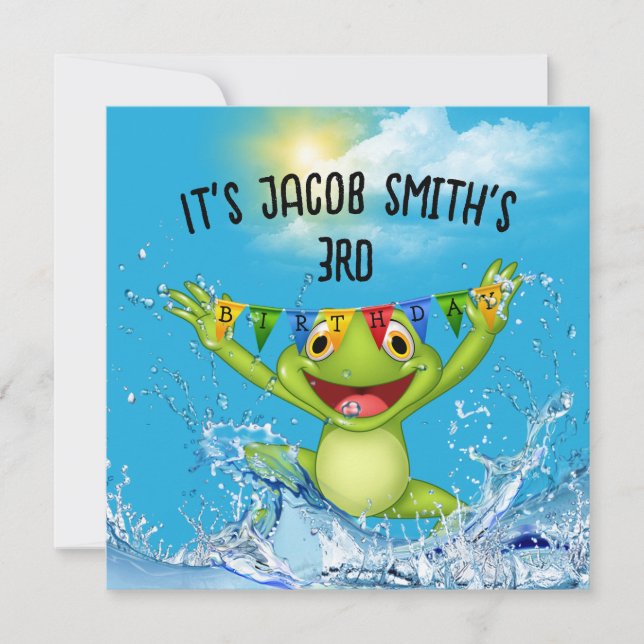 Invitación 3.ª rana de cumpleaños saltando en el agua (Anverso)