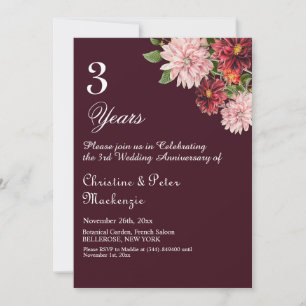 Invitación 3.ᵉʳ Aniversario del Boda de Cuero Borgoña Floral