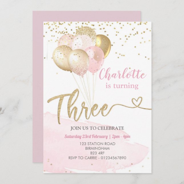 Invitación 3.ᵉʳ Balón rosa y oro de cumpleaños (Anverso / Reverso)