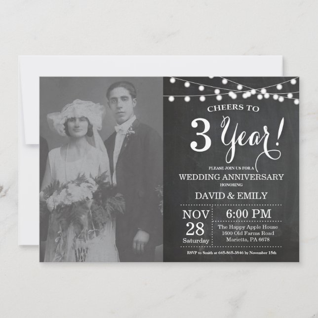 Invitación 3.ᵉʳ Boda Aniversario de Chalkboard Foto (Anverso)