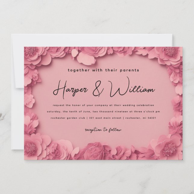 Invitación 3.ᵉʳ boda horisontal de flores de papel rosa (Anverso)