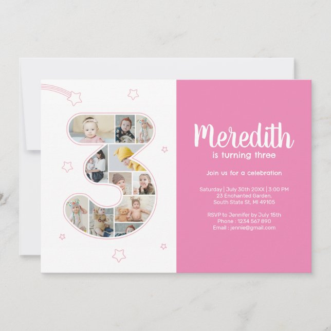 Invitación 3.ᵉʳ Chica de cumpleaños número 3 Collage de fotos (Anverso)