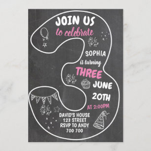 Invitación 3.ᵉʳ Chica de cumpleaños número de pizarra rosa