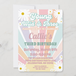 Invitación 3.ᵉʳ Chica de cumpleaños Retro Hippy Sun Daisy Inv