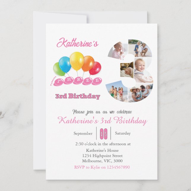 Invitación 3.ᵉʳ Chica del collage de fotos de cumpleaños núme (Anverso)