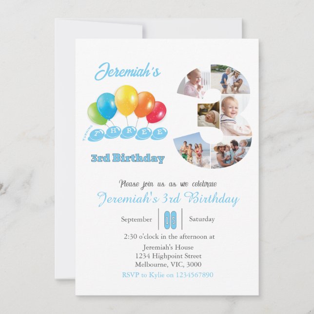 Invitación 3.ᵉʳ collage de fotos de cumpleaños 3 Boy (Anverso)