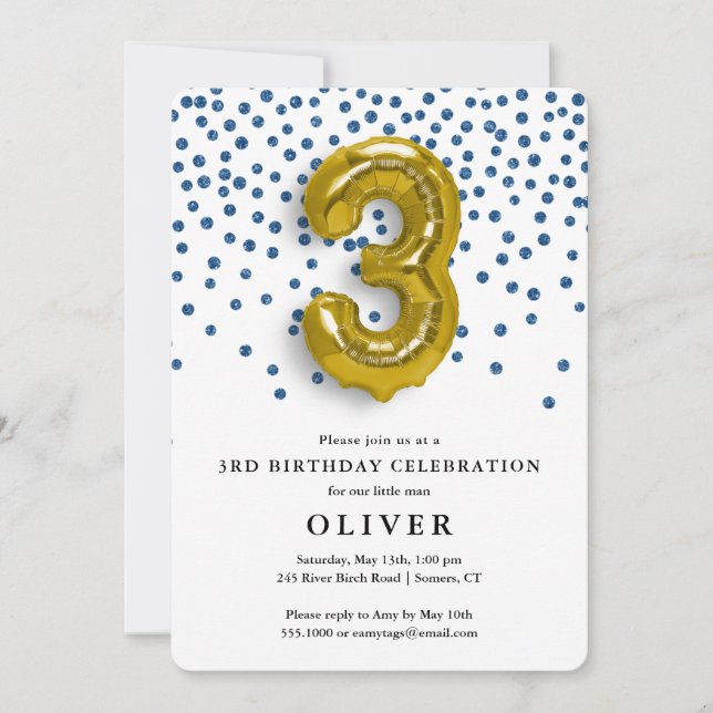 Invitación 3.ᵉʳ Confetti azul real y globo de oro (Anverso)