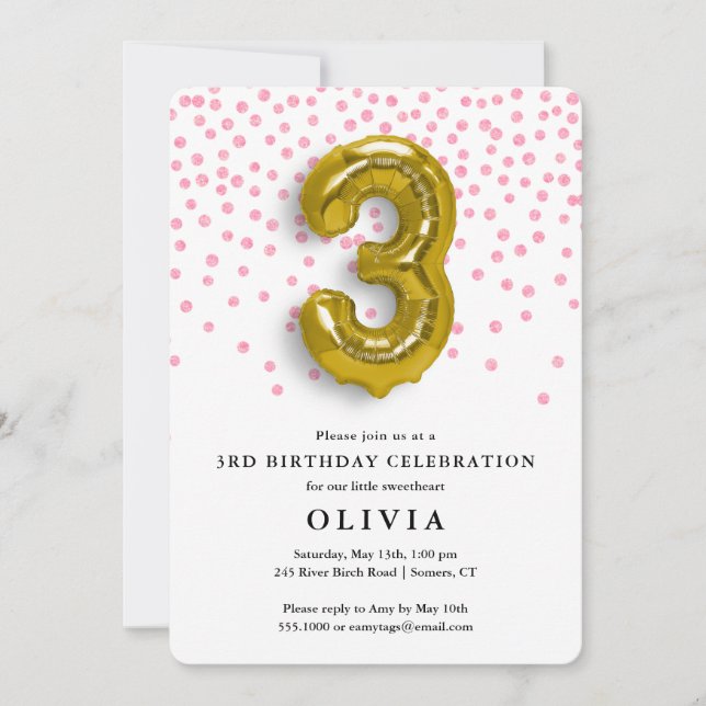 Invitación 3.ᵉʳ Confetti rosado y globo de oro (Anverso)
