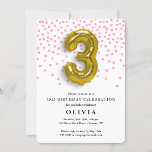Invitación 3.ᵉʳ Confetti rosado y globo de oro
