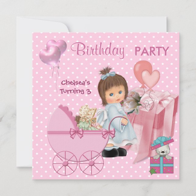 Invitación 3.ᵉʳ cumpleaños 3 Fiestas Cute Chicas de corazones (Anverso)