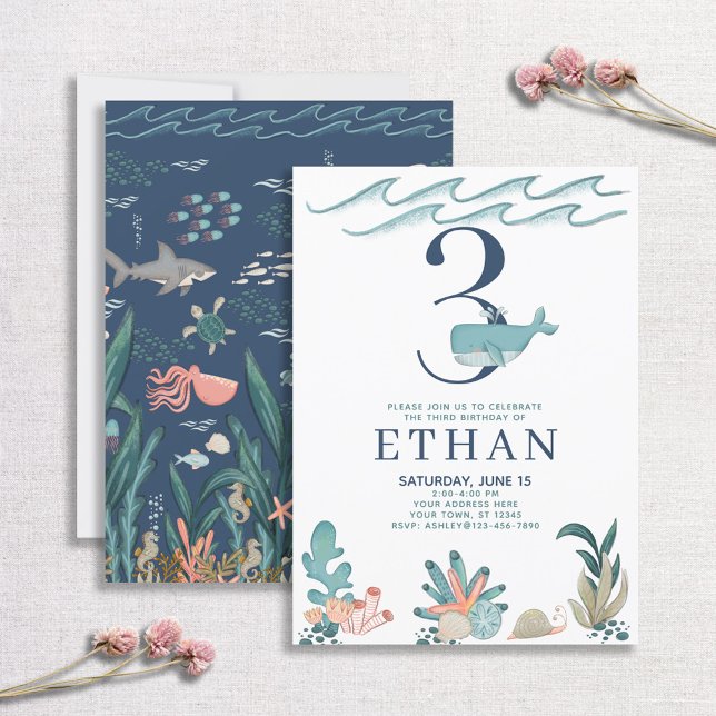 Invitación 3.ᵉʳ cumpleaños bajo la acuarela ballena (Subido por el creador)