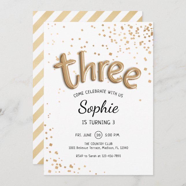 Invitación 3.ᵉʳ Cumpleaños - Blanco Oro (Anverso / Reverso)