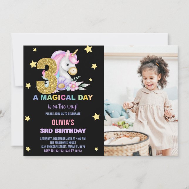 Invitación 3.ᵉʳ cumpleaños con foto de Unicornio (Anverso)