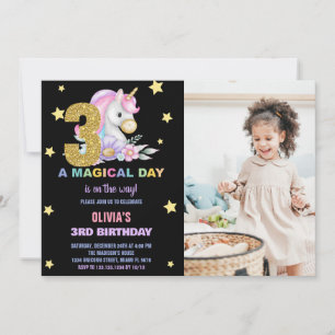 Invitación 3.ᵉʳ cumpleaños con foto de Unicornio