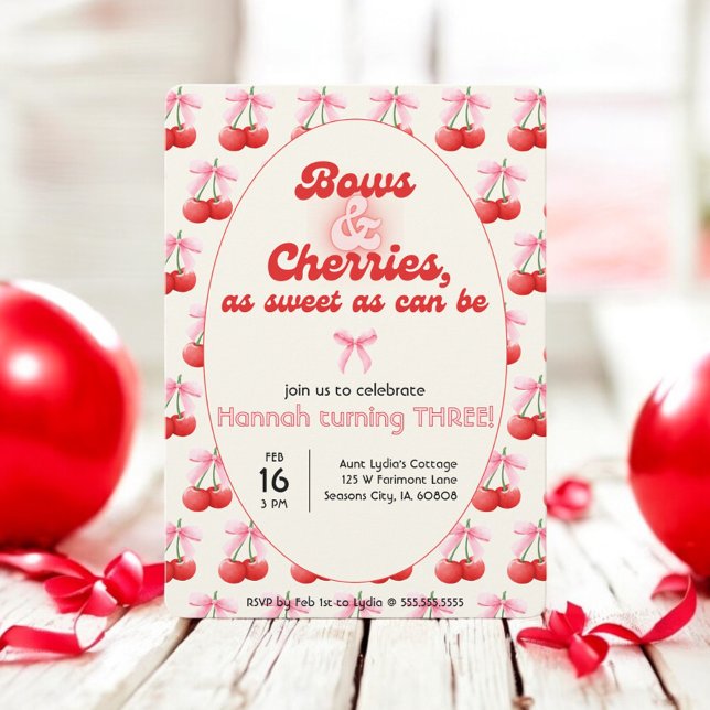 Invitación 3.ᵉʳ cumpleaños Coquette Cherries rebosa letras de (Subido por el creador)