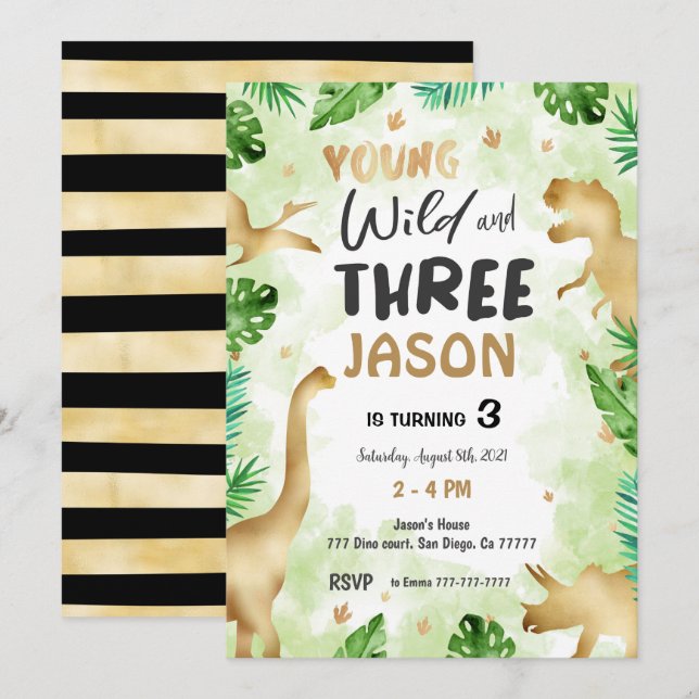 Invitación 3.ᵉʳ cumpleaños, cumpleaños de los dinosaurios (Anverso / Reverso)