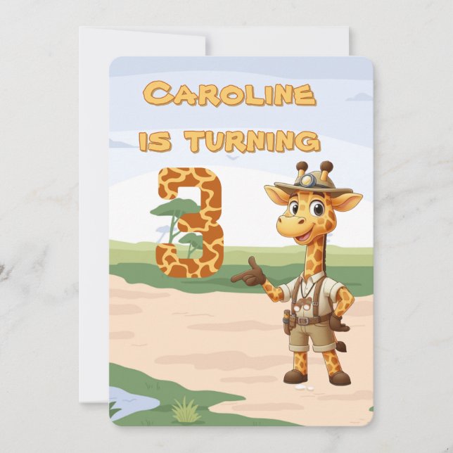 Invitación 3.ᵉʳ cumpleaños Cute Explorer Giraffe en safari (Anverso)