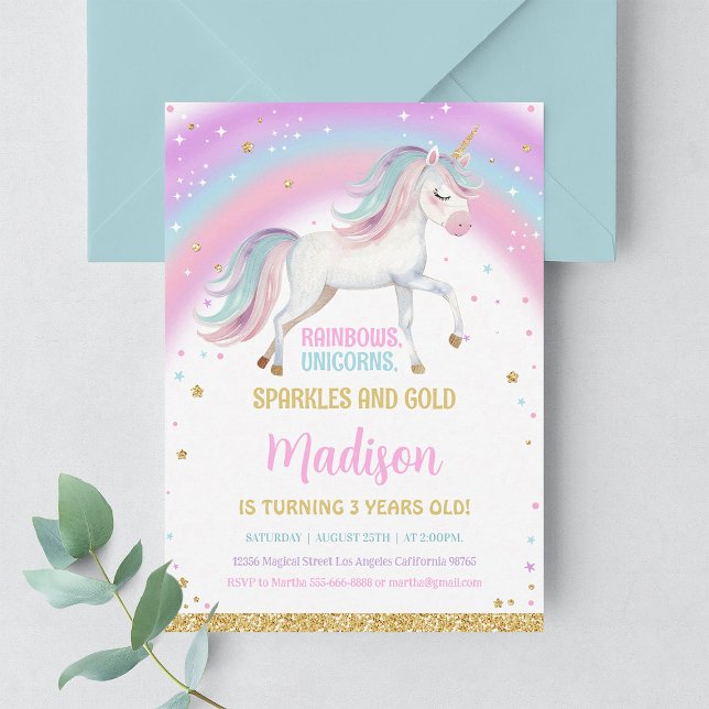 Invitación 3.ᵉʳ cumpleaños de Rainbow Pastel Unicorn (Subido por el creador)
