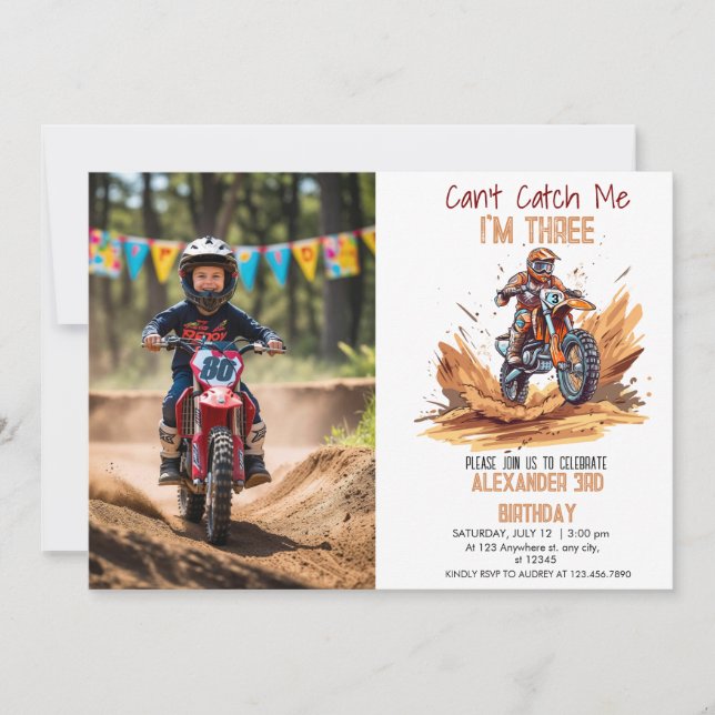Invitación 3.ᵉʳ cumpleaños Dirt Bike Boy editable foto cumple (Anverso)