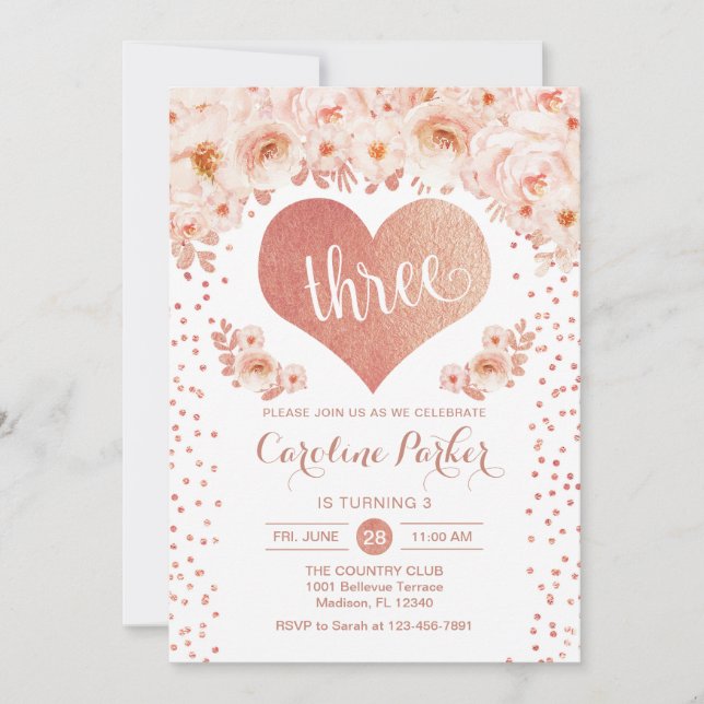 Invitación 3.ᵉʳ cumpleaños - Rosa Floral rosa blanca (Anverso)