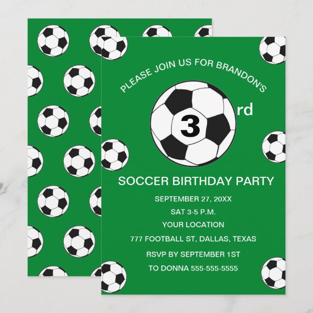 Invitación 3.ᵉʳ Fiesta de cumpleaños fútbol Green Boys Sports (Anverso / Reverso)