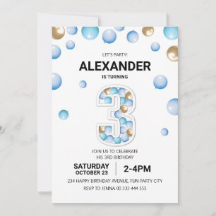 Invitación 3.ᵉʳ Fiesta de cumpleaños, globo azul y oro